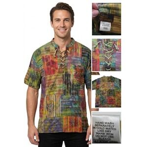 Little Kathmandu Shirt Mens XXL Patchwork Boho Hippie Festival Lace Up Nepal